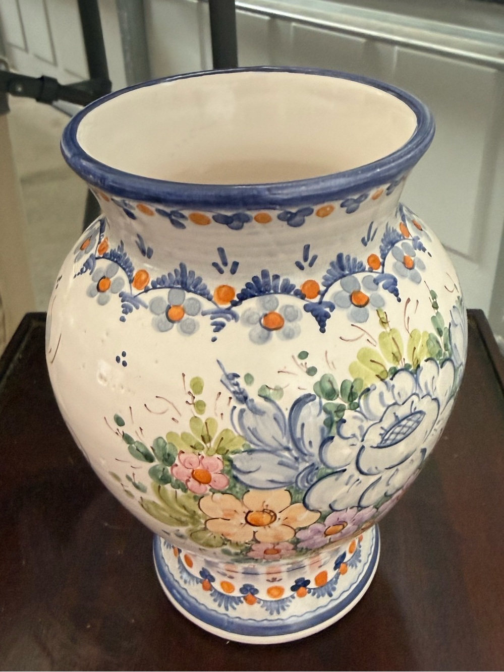 Hand-Painted Floral Ceramic Vase in Blue, White, Green, Pink, Orange